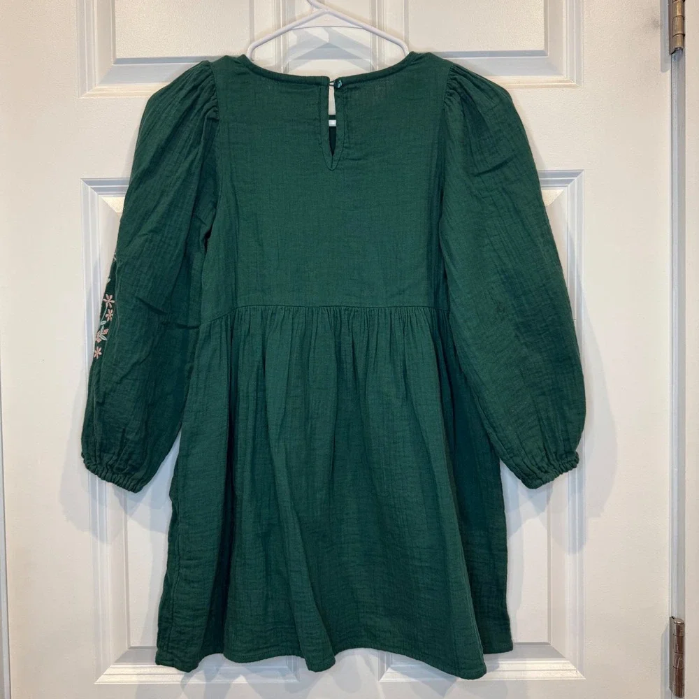 Cat & Jack Girls Green Floral Embroidered Long Sleeve Dress Size M 7/8 - Picture 5 of 7